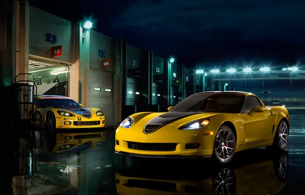 Picture reflection, lights, corvette, Chevrolet, Corvette, z06, gt1, paddock