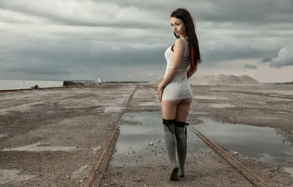 Ass, ass, girl, sweetheart, stockings, Mike, brunette, port
