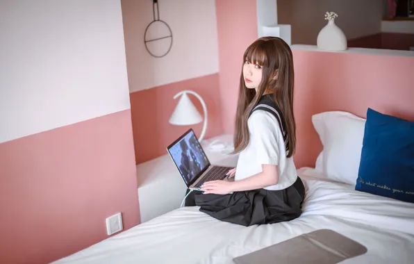 Wallpaper Beautiful Asian Model Bed Woman Desk Pretty Japanese