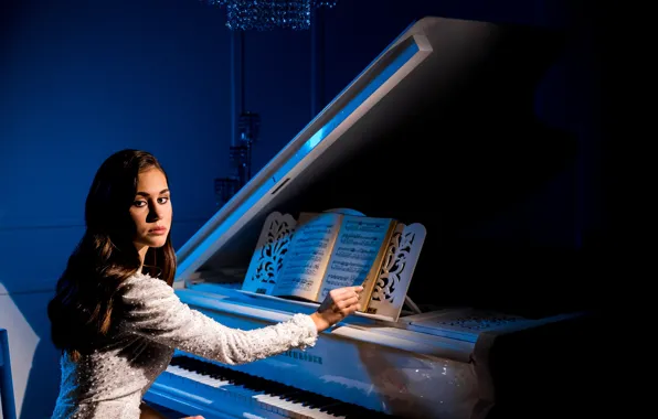 Look, girl, notes, dress, piano, brunette, Alexander Savlukov