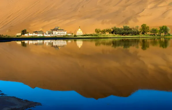 Picture trees, lake, house, reflection, Asia, barkhan, pagoda, oasis