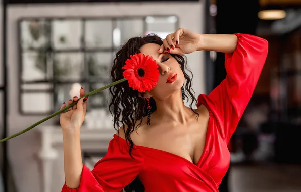 Flower, pose, model, portrait, hands, makeup, dress, brunette