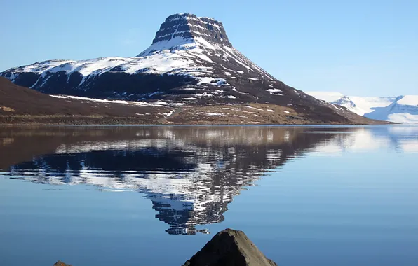 The sky, snow, lake, reflection, shore, mountain
