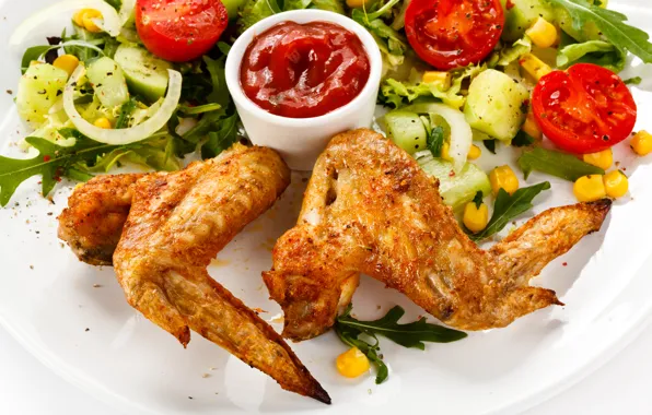 Picture chicken, wings, vegetables, tomatoes, ketchup, cucumbers, salad