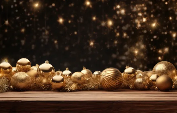 Balls, glare, lights, the dark background, gold, holiday, Board, Shine