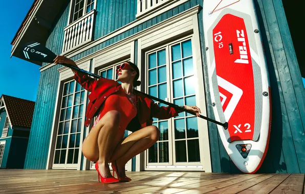 House, Windows, Board, legs, beautiful girl, paddle, sunglasses, Ruslan Bolgov (Axe)