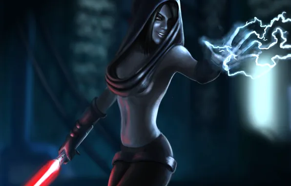 Girl, lightning, sword, hood, star wars
