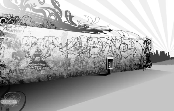 Picture wall, graffiti, black and white, phone