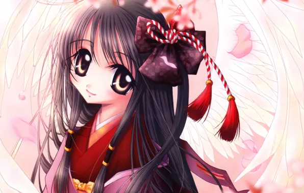 Girl, anime, wings, japanese, kimono, bishojo, tenshi, agel