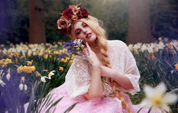 Girl, flowers, mood, bouquet, braid, wreath, daffodils, Arabella