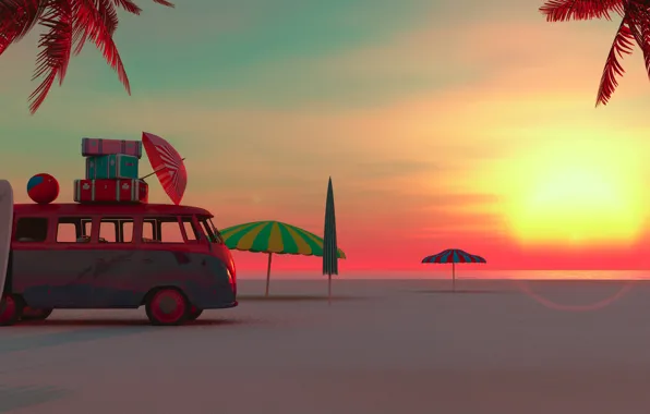 Beach, sunset, stay, vacation, umbrella, bus, Board