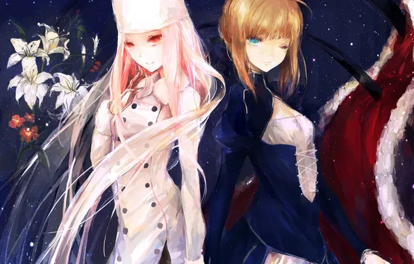 Picture stars, flowers, night, girls, anime, art, saber, fate stay night