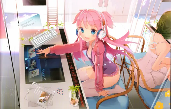 Picture computer, headphones, characters, keyboard, blue eyes, on my knees, pink hair, in a cafe