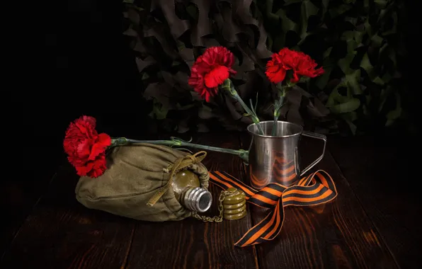 Flowers, mug, clove, Victory Day, jar, May 9, St. George ribbon