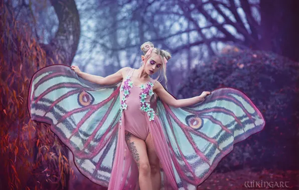 Girl, nature, pose, style, butterfly, wings, makeup, fairy