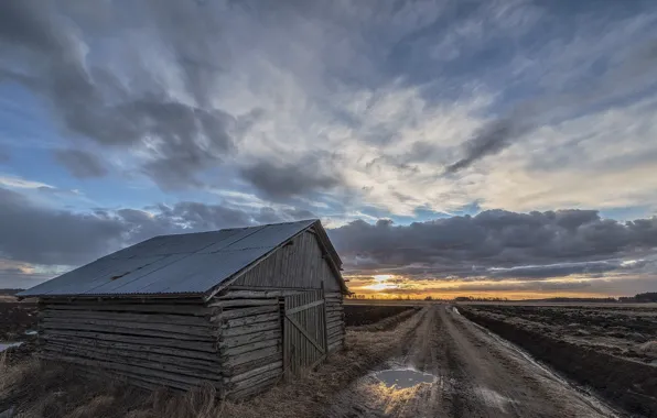 Picture road, clouds, sunset, the barn
