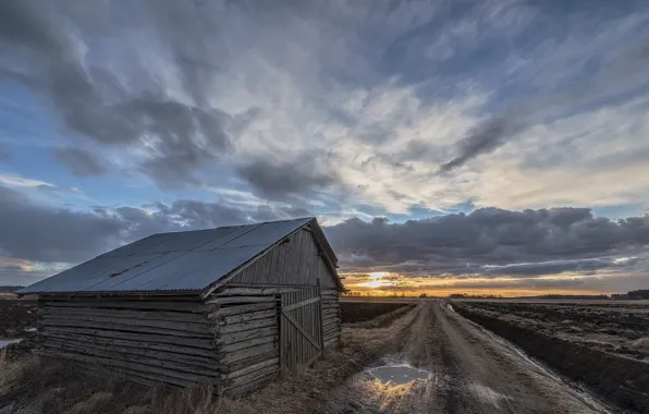 Road, clouds, sunset, the barn