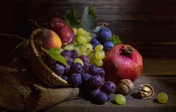 Grapes, fruit, nuts, still life, plum, burlap, garnet