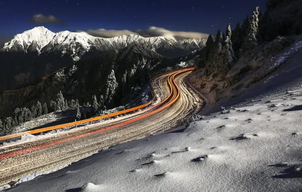 Winter, road, mountains, lights