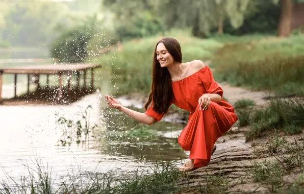 Picture water, girl, squirt, nature, pose, river, dress, brunette