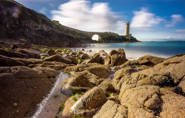 Sea, clouds, stones, rocks, France, lighthouse, arch, blue sky