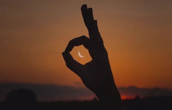 NIGHT, The MOON, SIGN, HAND, FINGERS, SILHOUETTES, PALM, OK)