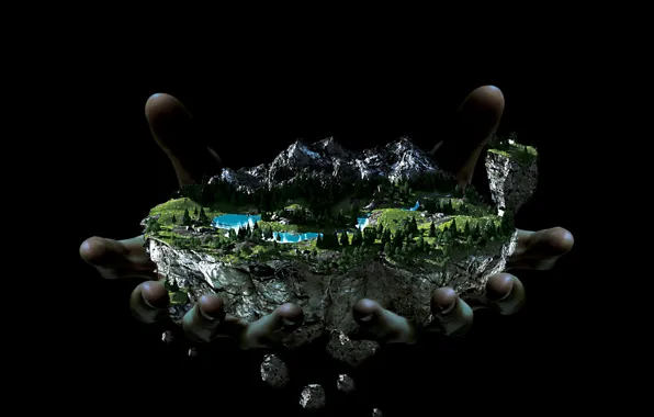 Darkness, Trees, Island, Hands, Black background