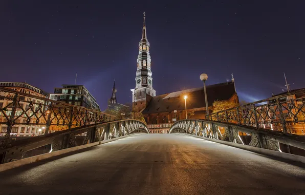 Night, bridge, lights, home, Germany, Church, Hamburg