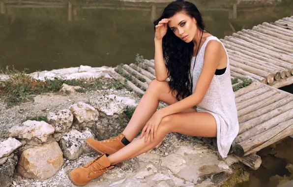 Picture pose, stones, makeup, shoes, Mike, figure, brunette, hairstyle