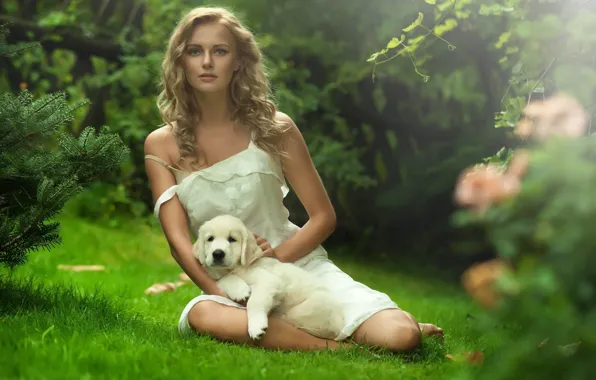 Picture girl, nature, sweetheart, puppy, cute