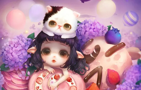 Picture balls, children, elf, sweets, kitty, hydrangea, vkusnyashki