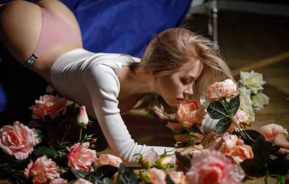 Ass, ass, girl, flowers, pose, panties, roses, Leonid Mochulsky