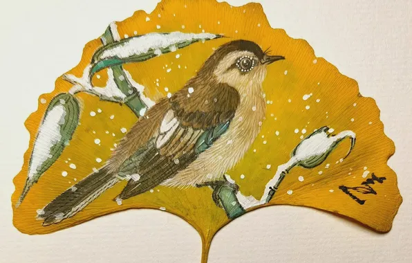 Autumn, snow, sheet, bird, figure, bamboo