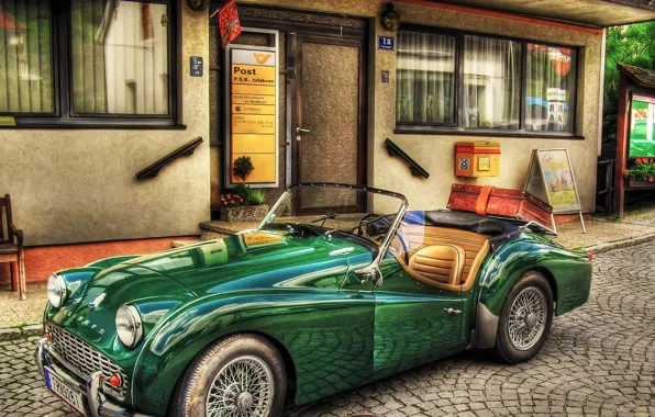 The city, retro, street, suitcase, Roadster, convertible