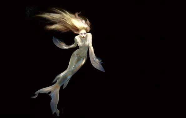 Depth, being, scales, Mermaid, tail, black background, fins