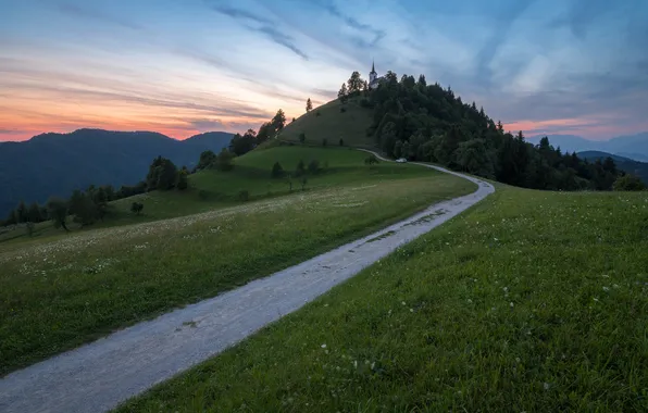 Road, landscape, sunset, hill, Church, Slovenia, Sergey Serushkin