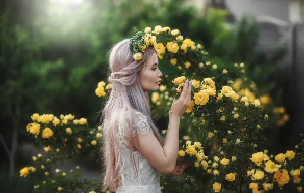Picture girl, pose, hair, roses, dress, wreath, Shakirova Albina