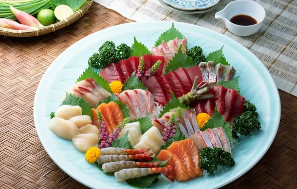 Flowers, table, fish, plate, Cup, vegetables, tablecloth, saucers