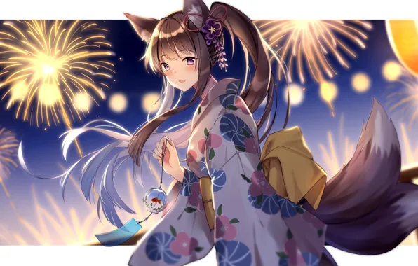 Girl, Salute, Ears, Tail, Festival, Yukata, Would Saga