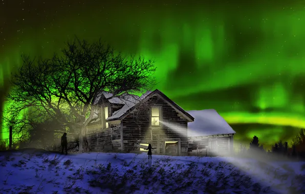 Night, house, Northern lights, silhouettes, The Visitors