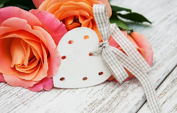 Flowers, heart, roses, love, heart, wood, pink, romantic