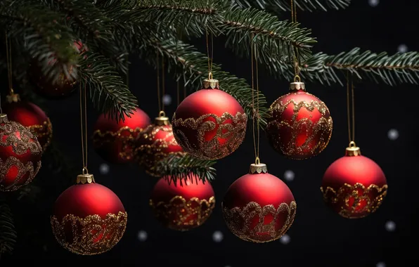 Decoration, background, balls, tree, Christmas, New year, red, golden