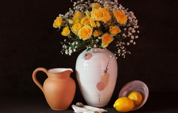 Lemon, roses, vase, gypsophila