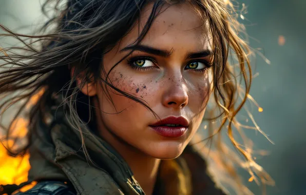 Look, girl, pose, portrait, police, dirt, overalls, flowing hair