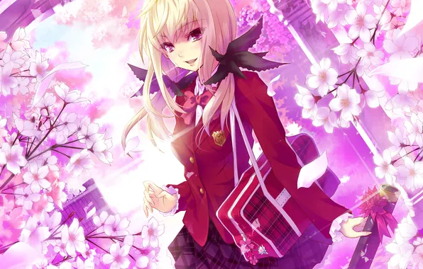 Girl, flowers, anime, Sakura, art, schoolgirl, bag, Urabi