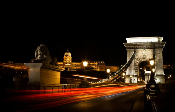Night, bridge, lights, Leo, support, Hungary, Budapest, Budapest