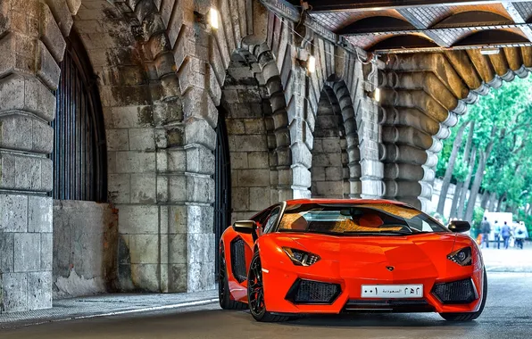 Orange, reflection, lamborghini, front view, orange, aventador, lp700-4, Lamborghini
