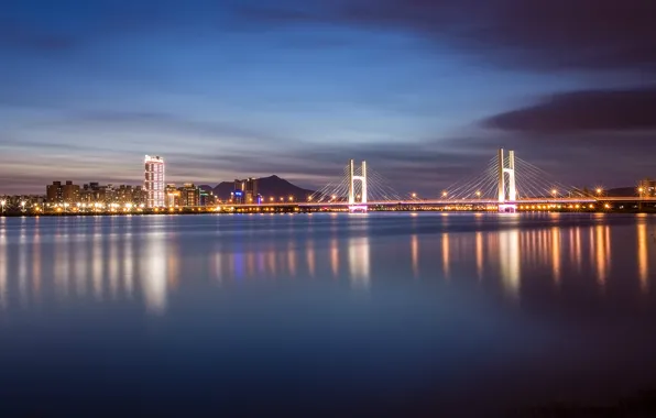 Night, bridge, city, lights, lights, reflection, river, China