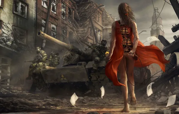 Picture girl, soldiers, tank, infection, virus, red dress