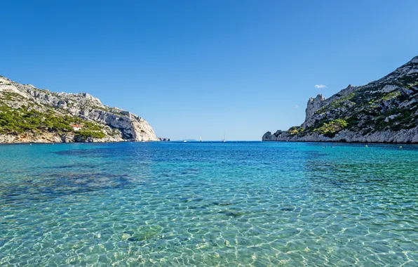 Sea, the sky, the sun, stones, rocks, shore, France, yachts